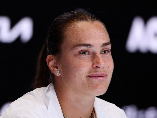 This hand out picture released by the Tennis Australia on January 10, 2025 shows Belarus' Aryna Sabalenka speaks at a press conference ahead of the Australian Open tennis tournament in Melbourne. (Photo by MORGAN HANCOCK / TENNIS AUSTRALIA / AFP) / ----EDITORS NOTE ----RESTRICTED TO EDITORIAL USE MANDATORY CREDIT "AFP PHOTO / TENNIS AUSTRALIA/ MORGAN HANCOCK â NO MARKETING NO ADVERTISING CAMPAIGNS - DISTRIBUTED AS A SERVICE TO CLIENTS