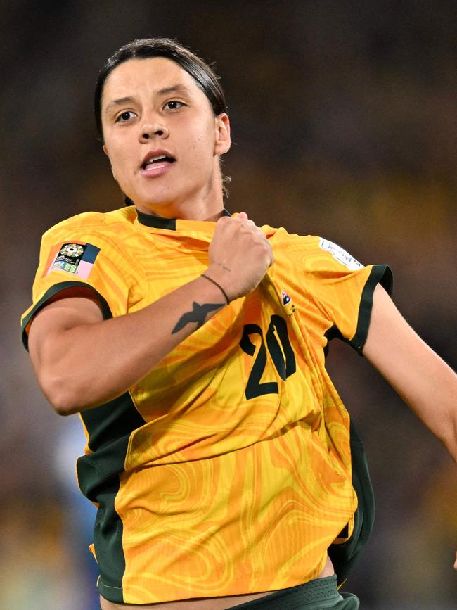 Sam Kerr celebrates scoring Australia’s only goal. Picture: Izhar Khan/AFP