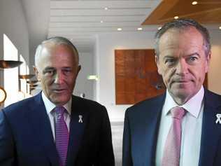 TOKENISM: Australian Opposition Leader Bill Shorten (right) and then Australian Prime Minister Malcolm Turnbull arrive at a White Ribbon Day Parliamentary Breakfast at Parliament House in Canberra last year. There will be white ribbons all over politicians this week but to what avail? Picture: LUKAS COCH