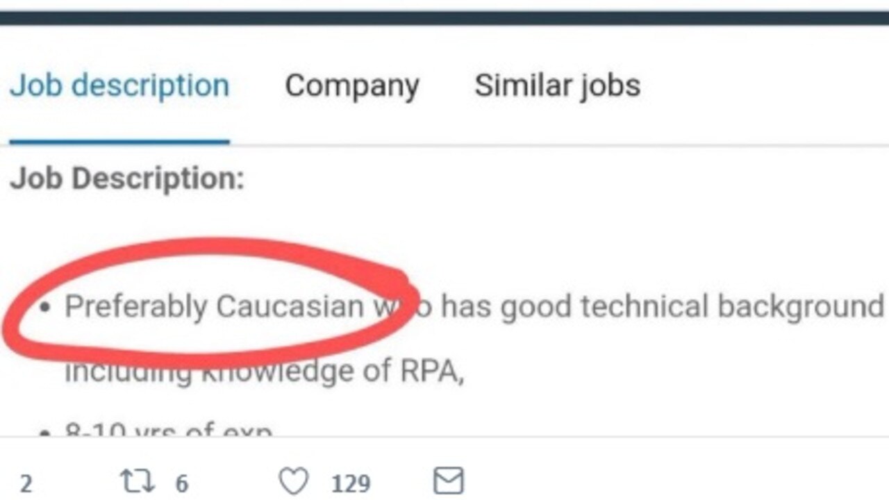 Cynet Systems Inc is under fire after advertising a position — open to ‘preferably caucasian’ applicants. Picture: Twitter