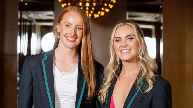 MELBOURNE, AUSTRALIA - NOVEMBER 25: All Australian selections, Aishling Moloney of the Cats and Aisling McCarthy of the Dockers pose for a photo during the 2024 W Awards at Crown Palladium on November 25, 2024 in Melbourne, Australia. (Photo by Dylan Burns/AFL Photos via Getty Images)