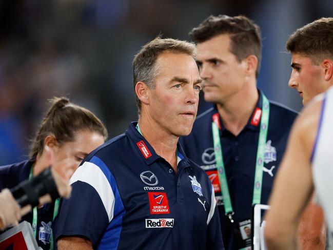 MELBOURNE, AUSTRALIA - MARCH 23: Alastair Clarkson, Senior Coach of the Kangaroos is seen at three quarter time during the 2024 AFL Round 2 match between the North Melbourne Kangaroos and the Fremantle Dockers on March 23, 2024 in Melbourne, Australia. (Photo by Dylan Burns/AFL Photos via Getty Images)