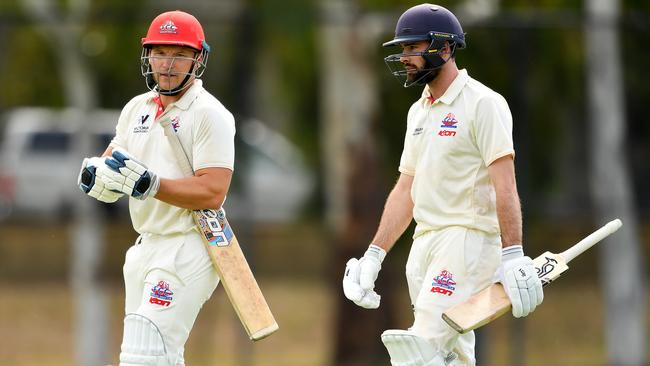 Premier: Footscray’s Dean Russ and Ryan Stingel walk off for a drinks break.