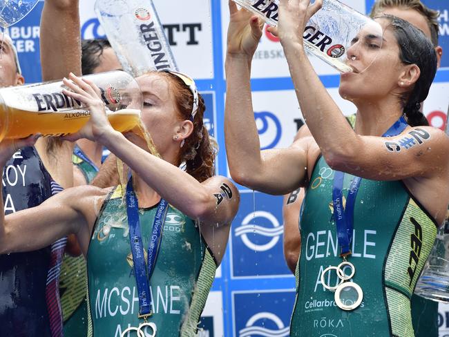 Charlotte McShane and Ashleigh Gentle enjoy the spoils of their win.