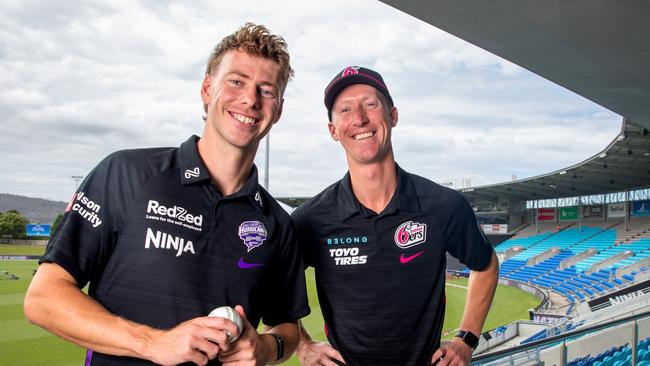 Hobart Hurricanes Riley Meredith and Sydney Sixers Jordan Silk ahead of the BBL qualifying final at Ninja Stadium. Picture: Linda Higginson