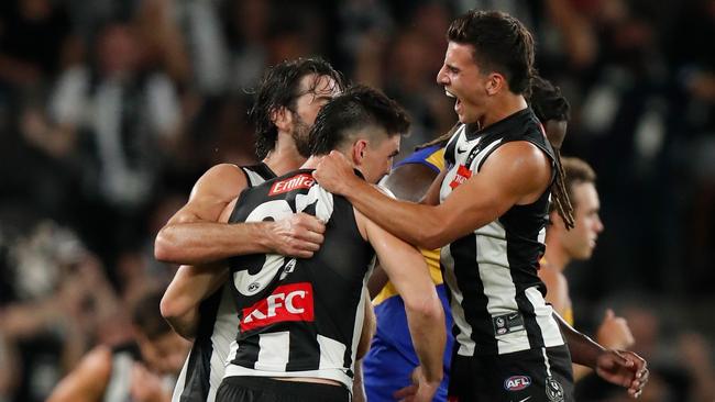 Nick Daicos, right, was Collingwood’s best against the Eagles. Picture: Michael Willson/AFL Photo