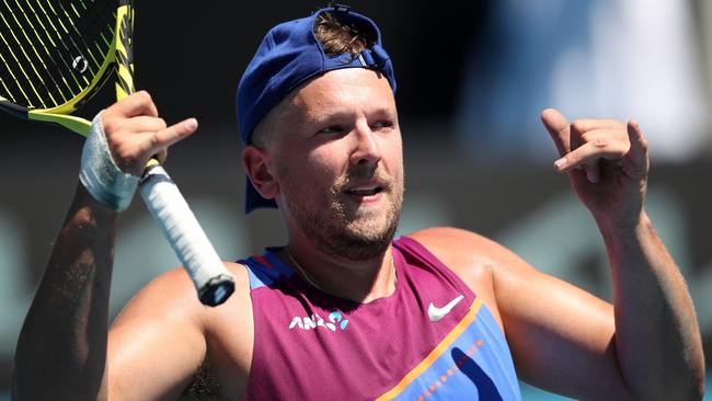 Dylan Alcott celebrates his win in the men's quad wheelchair singles semifinal against Andy Lapthorne at the Australian Open in Melbourne on Monday. Picture: Getty Images