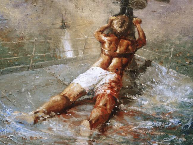 Dale Marsh's painting of Teddy Sheean, who lashed himself to his gun and fired until the HMAS Armadale sank. He gave others time to get away. Picture: Australian War Memorial.