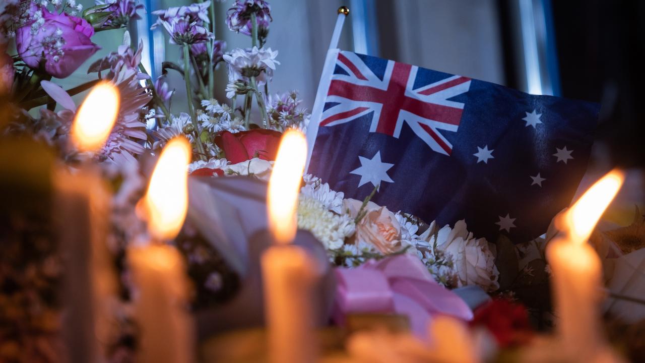 Australian flags seen during a commemoration ceremony of the 20th anniversary of the attack on October 12, 2022 at the 2002 Bali Bombing Memorial monument in Kuta, Bali. Picture: Getty Images