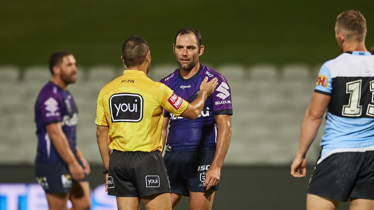Cameron Smith speaks to the referee during the Storm’s clash with Cronulla