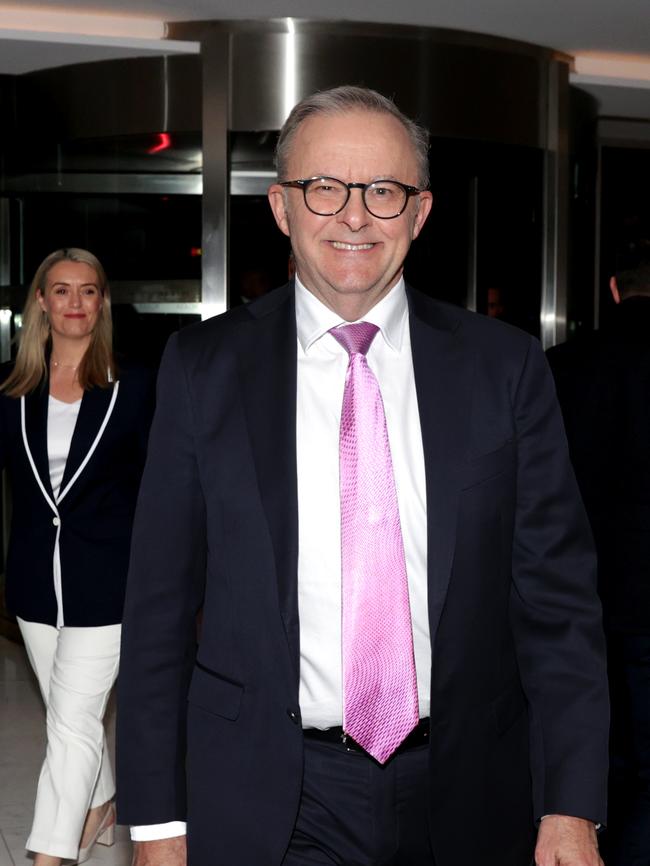 Prime Minister Anthony Albanese and partner Jodie Hayden at the Hotel Realm post-budget gathering. Picture: Jane Dempster