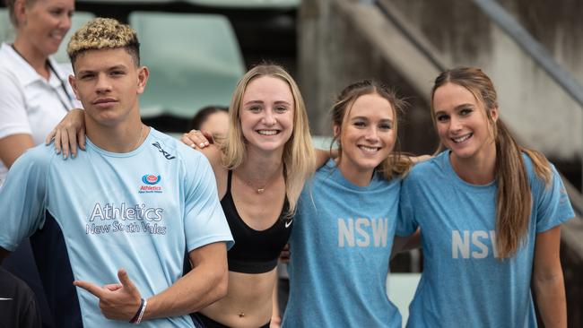 NSW athletes including Connor Bond, left, and Isabella and Jasmin Guthrie from Mount Kuring-Gai on the right.