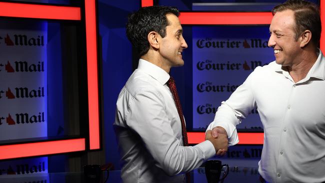 ## POOL IMAGES ## Queensland Premier Steven Miles and Leader of the LNP Opposition David Crisafulli pictured during the Courier Mail Leaders debate ahead of this years Queensland election and before two by-elections this weekend. Brisbane Tuesday 12th March 2024 Picture David Clark