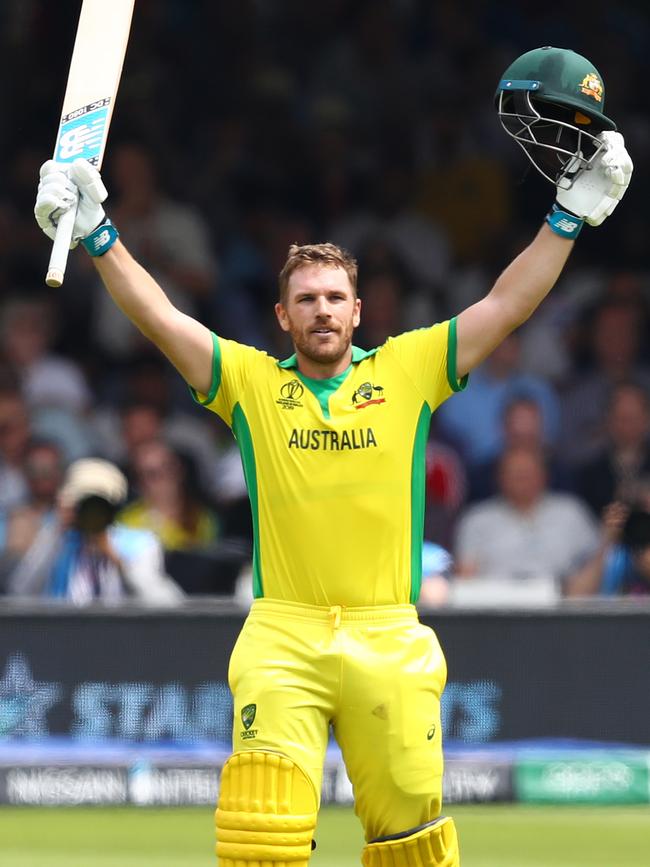 Aaron Finch celebrates his century against England at Lord’s. Picture: Getty Images