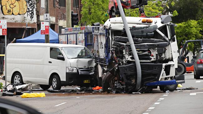 Carnage … The wrecked truck at the crash scene. Picture: Adam Yip