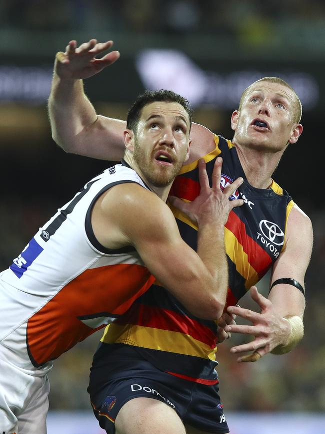 Shane Mumford jostles with Adelaide ruckman Sam Jacobs in a contest. Picture: Sarah Reed.