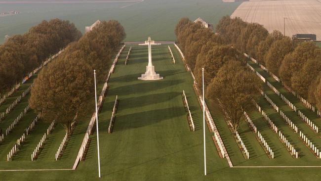 Aerial view of Villers-Bretonneux WWI war memorial cemetery in the Somme Valley.