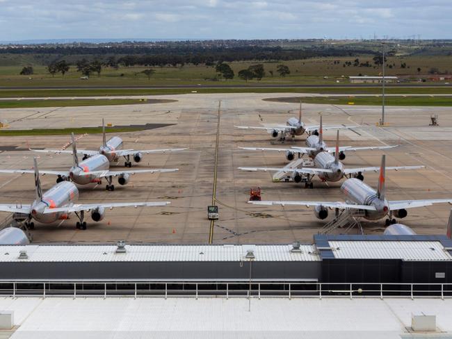 Screen grabs of Drone footage from Tullamarine airport April 2020. Grounded planes at the airport.