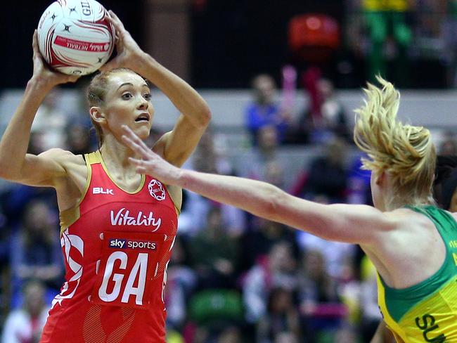 LONDON, ENGLAND - JANUARY 22: England's Helen Housby in action during the Netball Quad Series Vitality Netball International match between England and Australia at The Copper Box Arena on January 22, 2018 in London, England. (Photo by Charlie Crowhurst/Getty Images)