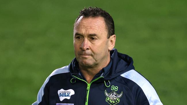 SYDNEY, AUSTRALIA - JULY 08:  Raiders coach Ricky Stuart looks on before the round 17 NRL match between the Manly Sea Eagles and the Canberra Raiders at 4 Pines Park on July 08, 2021, in Sydney, Australia. (Photo by Cameron Spencer/Getty Images)