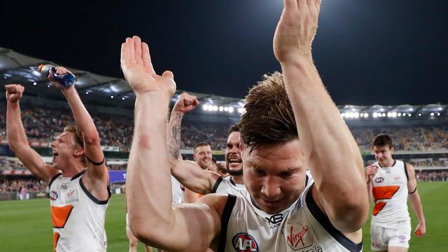 Toby Greene claps the GWS crowd as celebrations start after the club’s semi-final victory. Picture: Michael Willson/AFL Photos via Getty Images.