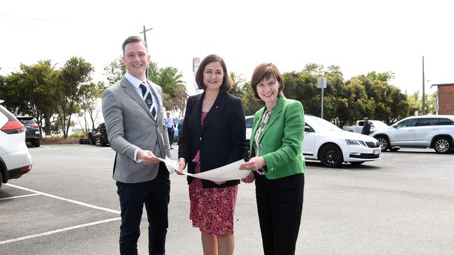 Geelong Deputy Mayor Trent Sullivan, Victorian Liberal Senator Sarah Henderson and State Government MP Mary-Anne Thomas at the Convention centre announcement on Thursday