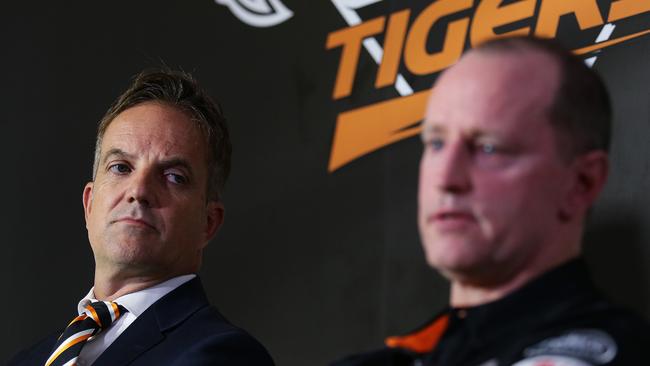 Wests Tigers CEO Justin Pascoe and new coach Michael Maguire speak during a press conference at Concord Oval. Picture: Brett Costello