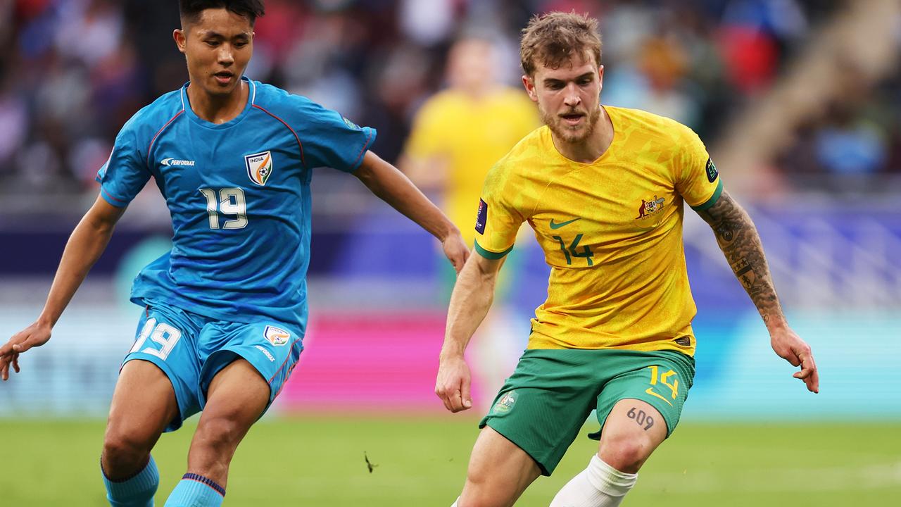 Riley McGree (right) made an impact for the Socceroos against India at the Asian Cup. Picture: Robert Cianflone/Getty Images