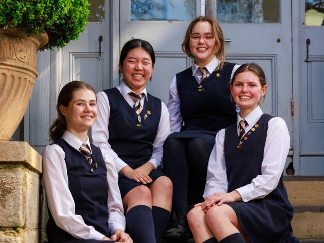 Daily Telegraph. 10, September, 2024.SCEGGS Darlinghurst year 12 pupils, Sybella Hooke,  Catherine Park, Leyla Bensan and Hannah Guest, in Darlinghurst, today.Picture: Justin Lloyd.