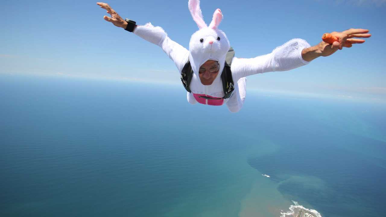 Sunshine Coast Skydivers owner Tibor Glesk dressed as the Easter Bunny in a special Easter Sunday jump. Picture: Sunshine Coast Skydivers