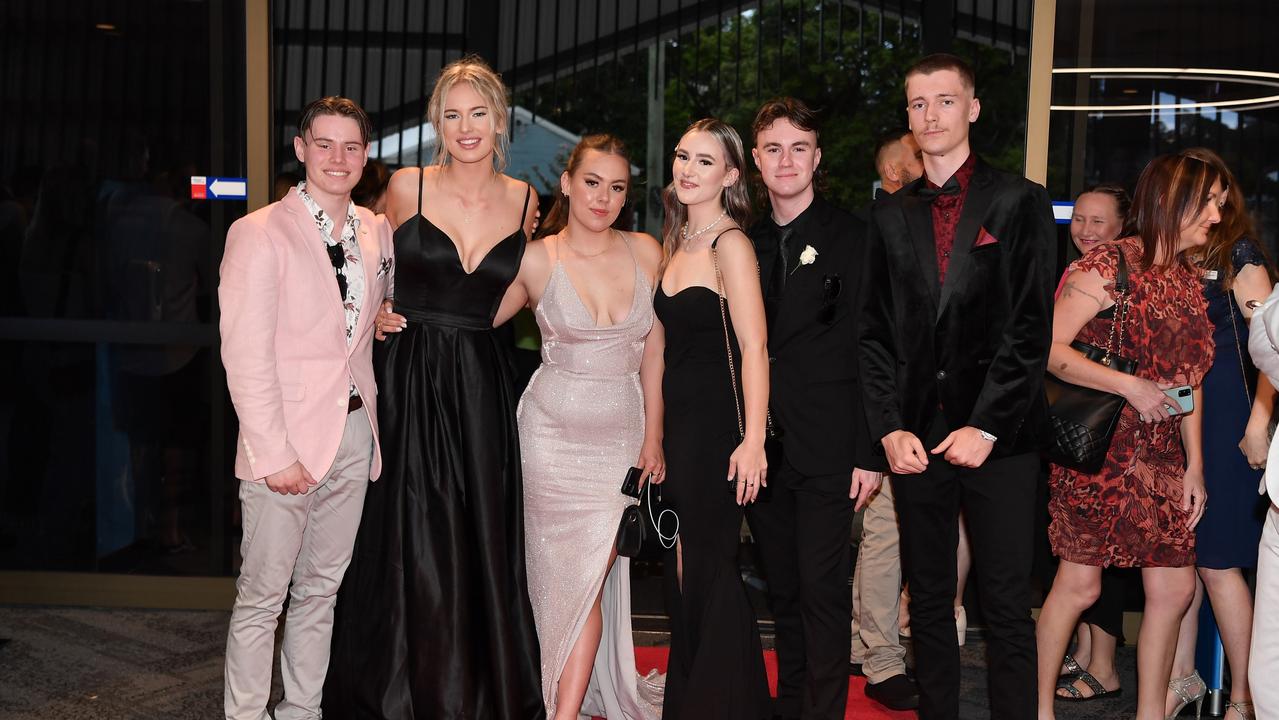 Cameron, Brywn, Amarli, Andie, Ryan and Indi at Caloundra State High School formal. Picture: Patrick Woods.