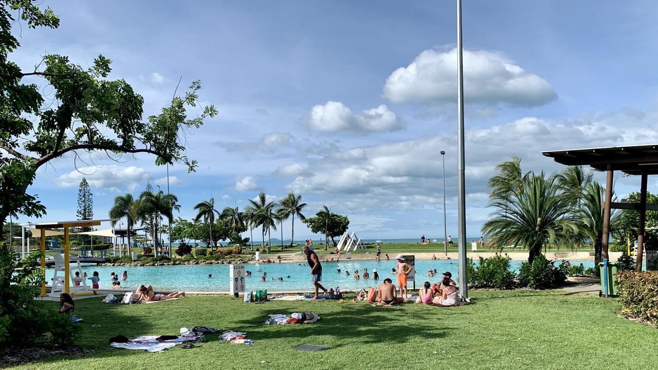The Airlie Beach Lagoon is packed with families on New Year's Eve. Picture: Rae Wilson