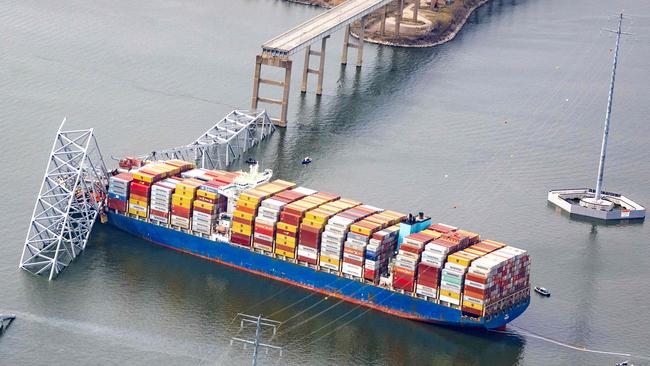 The cargo ship Dali sits in the water after running into and collapsing the Francis Scott Key Bridge in Baltimore, Maryland. Picture: Getty Images