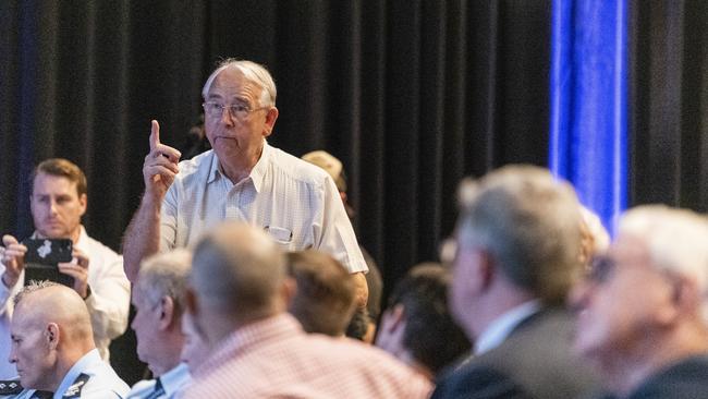 Property developer and philanthropist Clive Armitage talks of his own experience of crime at the Toowoomba Community Safety Forum at Empire Theatres. Picture: Kevin Farmer