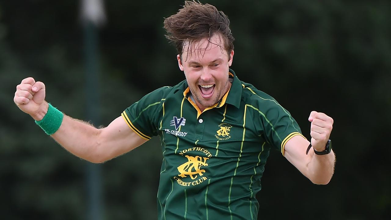 Premier - Micahel Topp celebrates a wicket for Northcote against Carlton. Picture: Andy Brownbill