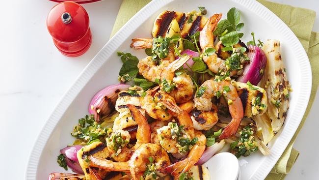 Barbecued prawns with salsa verde.