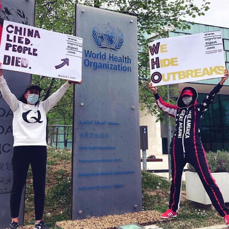 A photo purporting to show Noor bin Ladin (R) protesting outside the World Health Organisation.