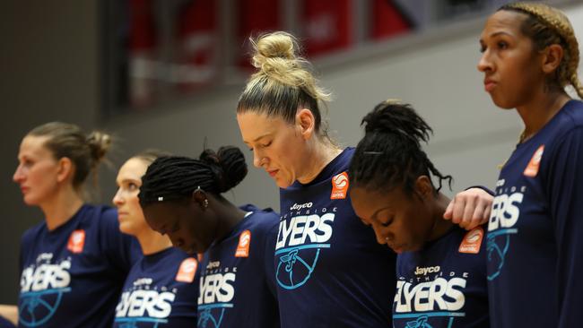 PERTH, AUSTRALIA - MARCH 14: Lauren Jackson of the Flyers lines up for the national anthem during game two of the WNBL Grand Final series between Perth Lynx and Southside Flyers at Bendat Basketball Stadium, on March 14, 2024, in Perth, Australia. (Photo by Paul Kane/Getty Images)