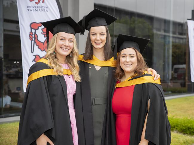 Anna Vout, Sarah Womersky and Morgan Brudenell. UTAS graduations. School of College of Health and Medicine Graduate Research. Picture: RICHARD JUPE