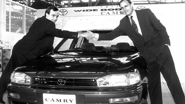 Prime minister Paul Keating (right) and Toyota manufacturing director Ray Brown (left) at launch of the new Camry in 1995. Picture: Supplied