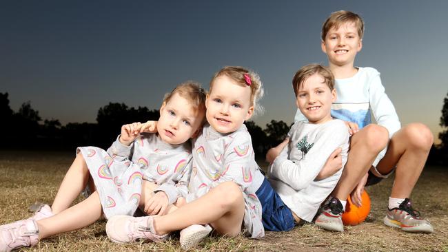 ,Evie and Georgia Burstow and their brothers Oliver and Harrison were all conceived naturally. Picture: Steve Pohlner