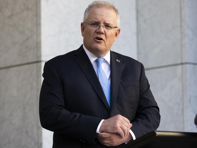 CANBERRA, AUSTRALIA - MAY 15: Australian Prime Minister Scott Morrison speaks during a press conference following a National Cabinet meeting on on May 15, 2020 in Canberra, Australia. Scott Morrison announced a $48 million commitment to the national mental health plan.  (Photo by Rohan Thomson/Getty Images)