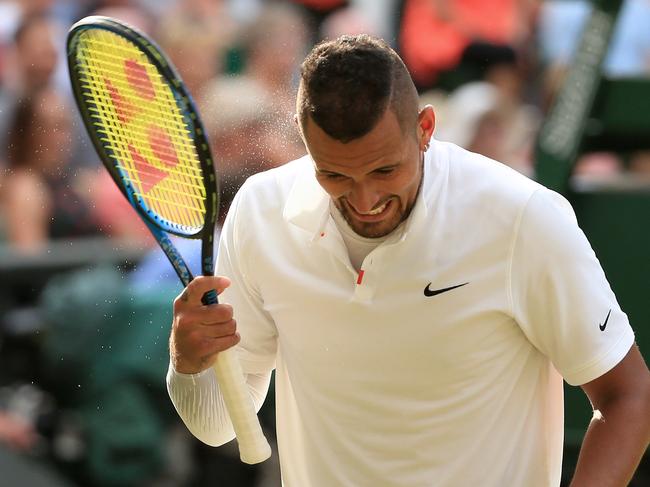 LONDON, ENGLAND - JULY 04: Nick Kyrgios (AUS) reacts against Rafael Nadal (ESP) during their Gentlemen's Singles 2nd Round match on Day 4 of The Championships - Wimbledon 2019 at the All England Lawn Tennis and Croquet Club on July 4, 2019 in London, England. (Photo by Simon Stacpoole/Offside/Getty Images)