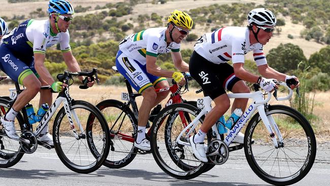 Tour Down Under Stage 4 - Glenelg to Mount Barker. The breakaway with Peter Kennaugh outfront and Jack Bobridge second wheel. Photo Sarah Reed