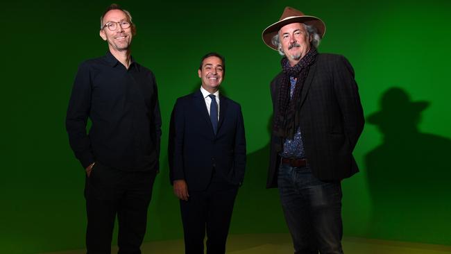 Australian filmmaker Simon McQuoid with Premier Steven Marshall with and American Producer Bennett Walsh at SA Film Corp. Picture: Tricia Watkinson