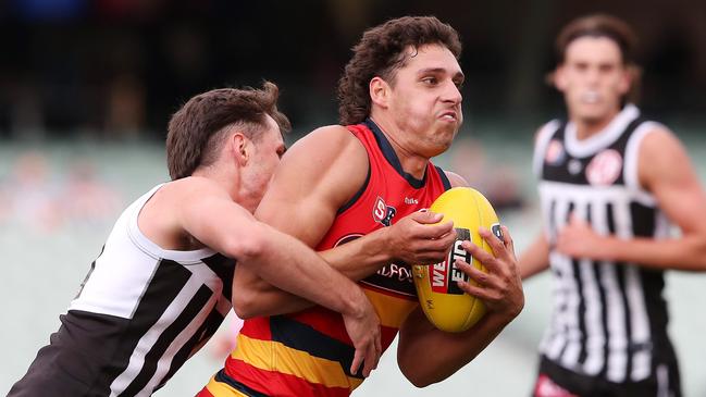 Saturday, 1st April, 2023 - SANFL Showdown. Port Adelaide v Adelaide Crows at the Adelaide Oval. Jack Madgen of the Adelaide Crows celebrates a goal Picture: Sarah Reed