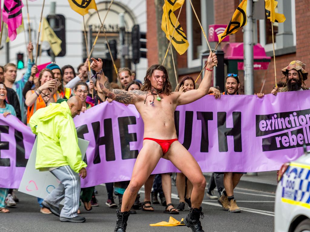 The Melbourne protester’s get-up would be amusing if the stakes weren’t so high. Picture: Jake Nowakowski