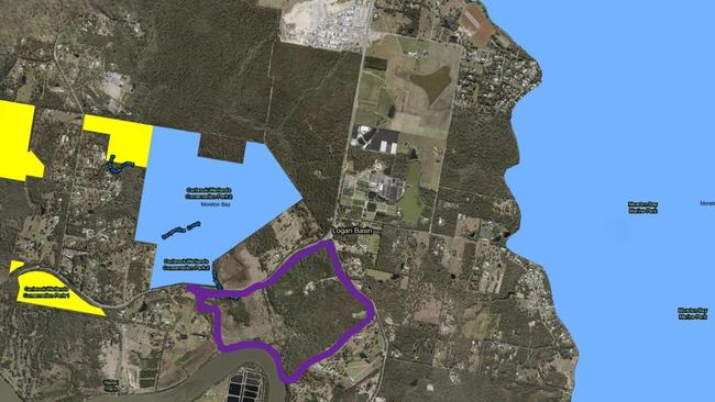 A map showing the international Ramsar wetlands in blue and the Carbrook Wetlands Conservation Park in yellow (also overlay in blue). The purple is an indicative boundary for the new sewerage plant which will take sewage from the Shoreline housing estate at the top of the map and drain the treated effluent across wetlands and into the Logan River, seen at the bottom of the map. MAP: Queensland Government