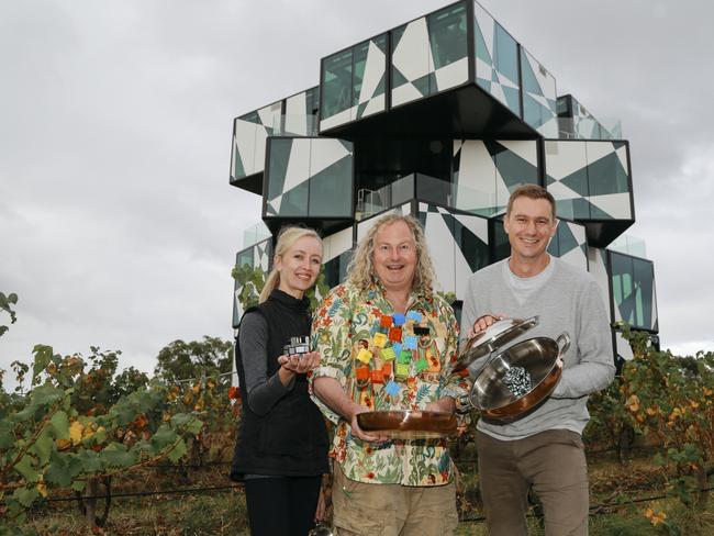 EMBARGOED . Inaugural chefs for d"Arenberg cube annouced, May 2017: (l-r) Lindsay Durr (research and development), d'Arenberg proprietor and chief winemaker Chester Osborn, head chef Brendan Wessels.(pic supplied) . Picture: Kate Elmes Photography