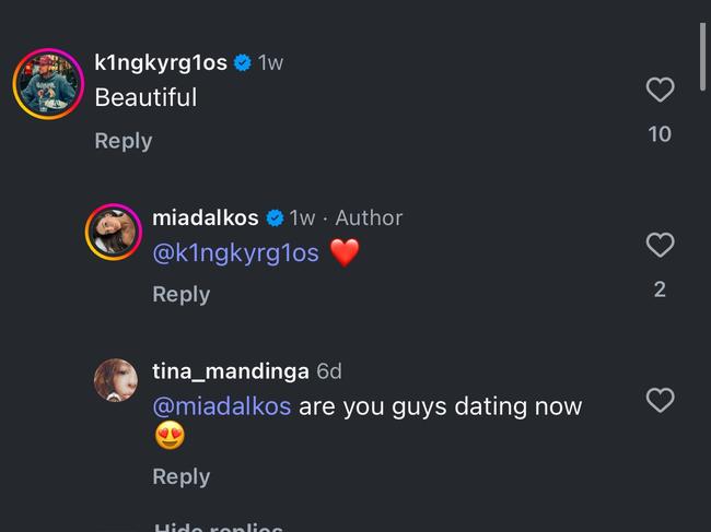 Nick Kyrgios has fuelled romance rumours with former Love Island star Mia Dalkos. Picture: Instagram